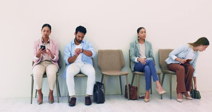 People, recruitment queue and waiting room for interview, check time and leaving from chair at workplace. Man, women and line for hiring opportunity, job or thinking with clock, tech or bag at office