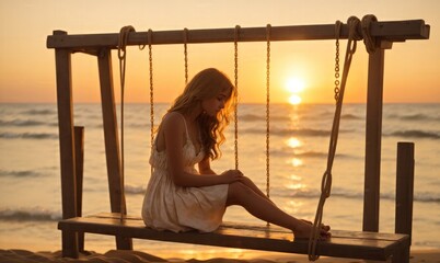A tender moment captured in the soft glow of a sunset, a girl sitting on a swing by the beach. The waves gently kiss the shore as she gazes into the horizon, lost in thoughts of love and longing. The 
