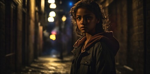 Obraz premium An intense moment captured in a dimly lit alley, where a girl stands under the glow of a single streetlamp. Her eyes reflect determination and strength, while shadows play across her face, adding a to