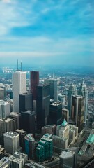 the city skyline of chicago, illinois from a skyscraper overlooking the sky