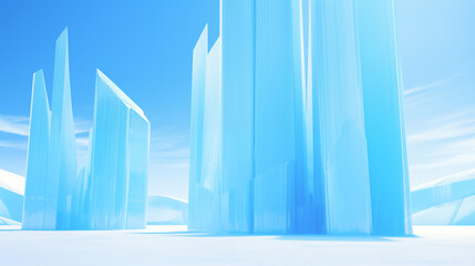 Fototapeta premium A group of blue crystal-like structures which are tall and pointed, with varying heights and widths. The structures are arranged in a line. The background is a bright blue sky with wispy clouds. 