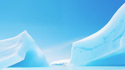 A large body of blue water with icebergs. The icebergs are large and jagged, with some parts of the icebergs reflecting the blue of the water. The sky is a bright blue. Serene mood.