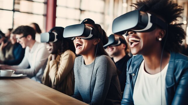 Friends in VR gaming, smiling and excited, showcasing social bonding through technology.