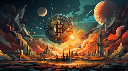 Image of a highly advanced and futuristic city skyline, with a large, golden Bitcoin symbol