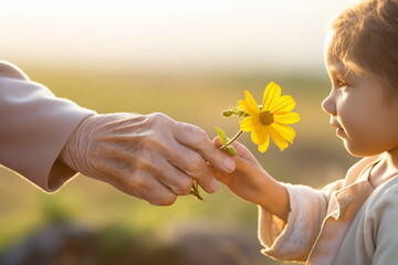 Close up view of hand of old granny giving a flower to little girl. Next generation concept.