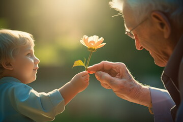 Little child giving a flower to elderly man. Family loving relationship between grandson and grandfather.