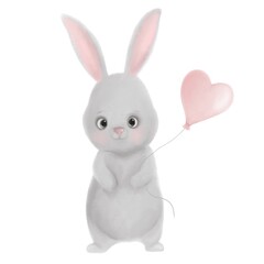 Иллюстрация Cute cartoon bunny with balloon heart. Cute animal. Watercolor style. Hand painted illustration isolated on white background. Print design, greeting card, birthday, Valentine’s day