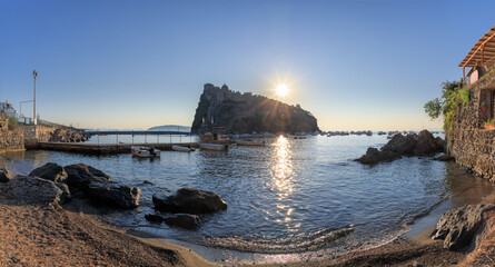Iconic view of Ischia in Italy. Typical sandy beach in Ischia Ponte.