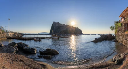 Gordijnen Iconic view of Ischia in Italy. Typical sandy beach in Ischia Ponte. © vololibero