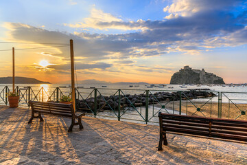 Sunrise view of Ischia, italy. Townscape of Ischia Ponte from Fisherman's Beach.	