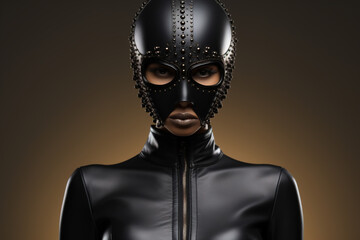 BDSM woman, African American woman in black leather mask and latex fetish suit - obrazy, fototapety, plakaty