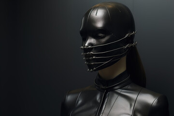 BDSM, fetish, hardcore concept. Female submissive in a black leather mask and erotic latex clothing