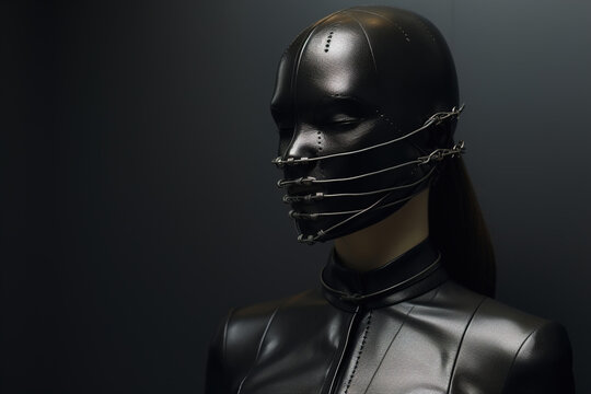 BDSM, fetish, hardcore concept. Female submissive in a black leather mask and erotic latex clothing