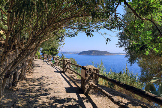 View of Procida coast from a evocative pathway on Ischia Island, Italy.
