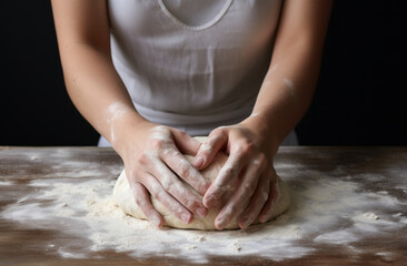Female hands making dough. Hands kneading bread dough on a cutting board.