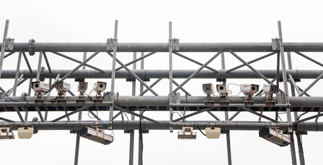 security camera overlooking city streets, symbolizing surveillance, safety, and urban security in a...