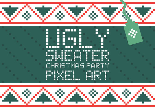 Ugly sweater, vector illustration, motifs pixel art, sapin, rouge blanc vert, bannière, web, Noël, fête.