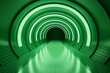 Futuristic empty tunnel. Round dark green corridor with light for showcase and display products.