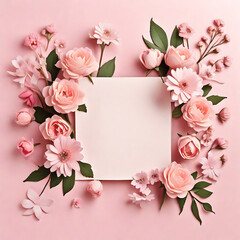 Greeting card template for Wedding , Banner with flowers on light pink background.