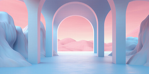 Futuristic round arch with light for showcase and display products. Atmospheric escapism blue and pastel pink landscape installation. Minimalist architectural construction.