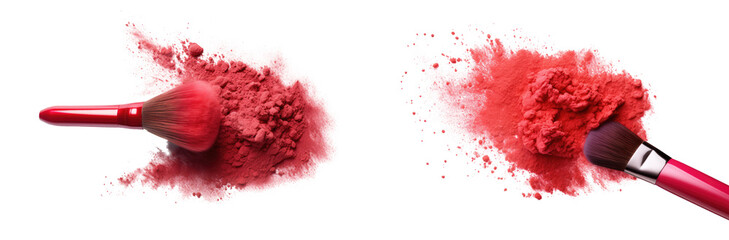 set of red makeup paint powder and brush isolated on white or transparent background png 