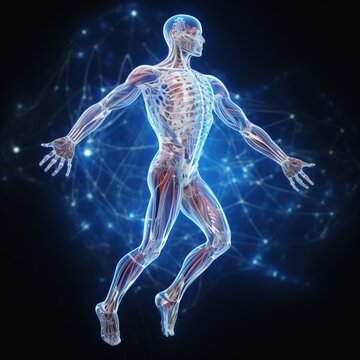 A shot of Human body with skeletal system, x ray view on dark background Generative AI