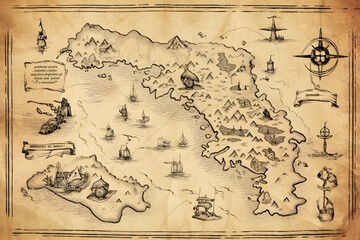 antique treasure map ,vintage treasure map background ,generative ai