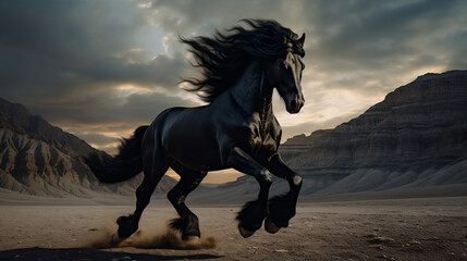 Black horse galloping in the desert. Beautiful Fason horse background. - obrazy, fototapety, plakaty
