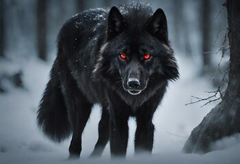 Naklejka premium A black red eye wolf looking furious and ready to attack with winter and snowy background