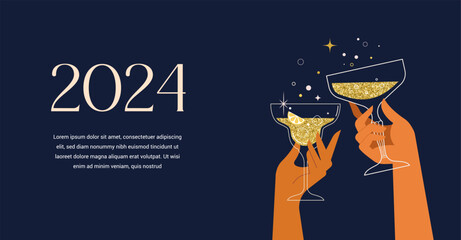Happy New Year, poster, banner and card design with festive cocktails - obrazy, fototapety, plakaty