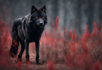 A black red eye wolf looking furious and ready to attack with winter and snowy background