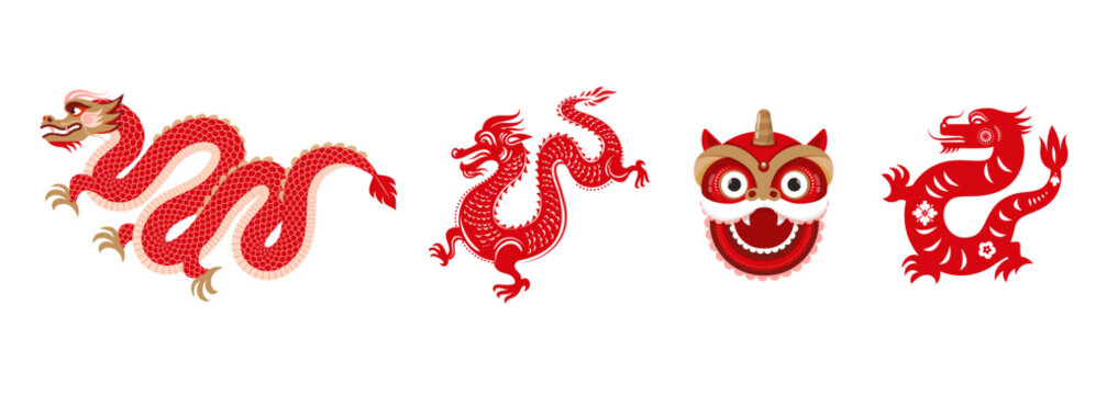 Collection of Chinese traditional dragons illustrations, Lunar, Chinese New Year 2024 , Year of the Dragon. Geometric modern style