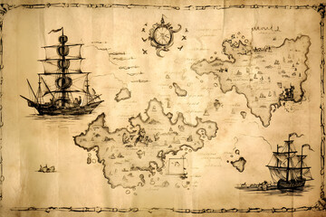 antique treasure map ,vintage treasure map background ,generative ai