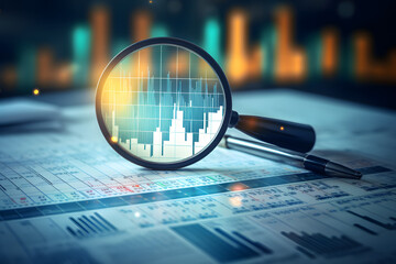 magnifying glass on data, abstract metrics and indicators charting and upward movement, background space, computing and analytics concept