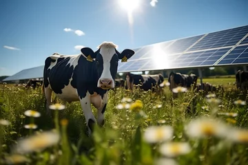 Rolgordijnen cow in front, solar panel in background, Animal meets technologie, renewable power source, green energy from sun © Moritz