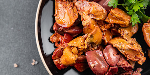 chicken liver confit chicken meat offal cooking appetizer eating meal food snack on the table copy space food background rustic top view