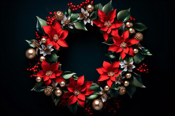 A festive wreath against an inky backdrop is arranged for an overhead vista with plenty of unused space.