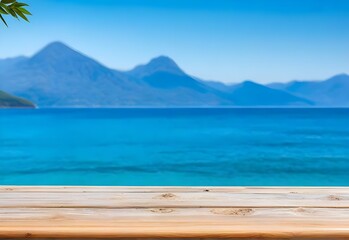 wooden floor for mockup, with sea and mountain,  lagoona background