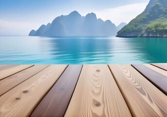 wooden floor for mockup, with sea and mountain,  lagoona background