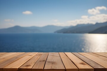 Fototapeta na wymiar wooden floor for mockup, with sea and mountain, lagoona background