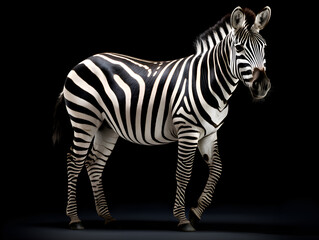 Zebra on black background. Safari animals concept. Stunning Zebra Showcasing Its Unique Stripes on a Dark Background. Elegant Zebra Portrait in High Contrast, Isolated on Black