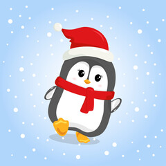 Fototapeta premium Cute Penguin wearing Santa Claus hat and red scarf. Sky blue background, flat design vector illustration. Character christmas cartoon illustration. Cute winter animal.