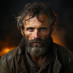 Obraz premium Portrait of a handsome and old man with long hair and beard looking at camera. Generative AI