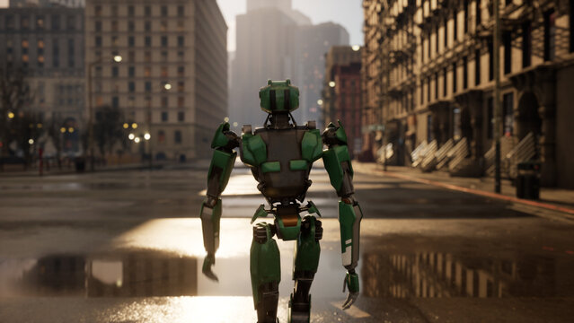 robot walking along a deserted street in a big city. humanoid AI robot crossing street. 3d animation. future automation job.