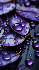 Large drops of morning dew on a rainbow leaf. Clear water drops macro photography. Bright artistic image in blue and purple and pink colors