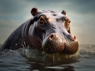 Hippopotamus's Head Above Water, Eyes Full of Wisdom. Close-Up of a Hippopotamus Submerged in Water with Splashing Drops. Wild animals in natural habitat. Hippo Emerging from the River