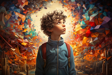 Autism, ADHD, attention deficit hyperactivity disorder, mental health, head of a child with colorful jigsaw or puzzle pieces - obrazy, fototapety, plakaty