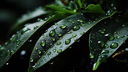 natural green leaves with raindrops after a thunderstorm in the tropical forest. Close-up of grass. - obrazy, fototapety, plakaty