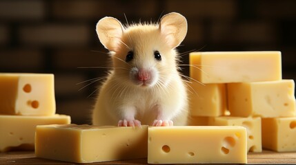 Obraz premium White mouse standing on pieces of cheese