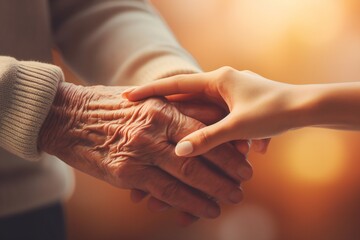 Taking care of the elderly concept with young woman holding the hand of a senior - obrazy, fototapety, plakaty